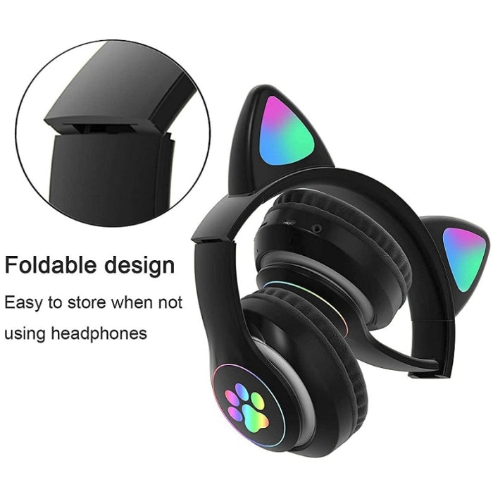 Casque Bluetooth avec oreilles de chat lumineuses RGB - Noir