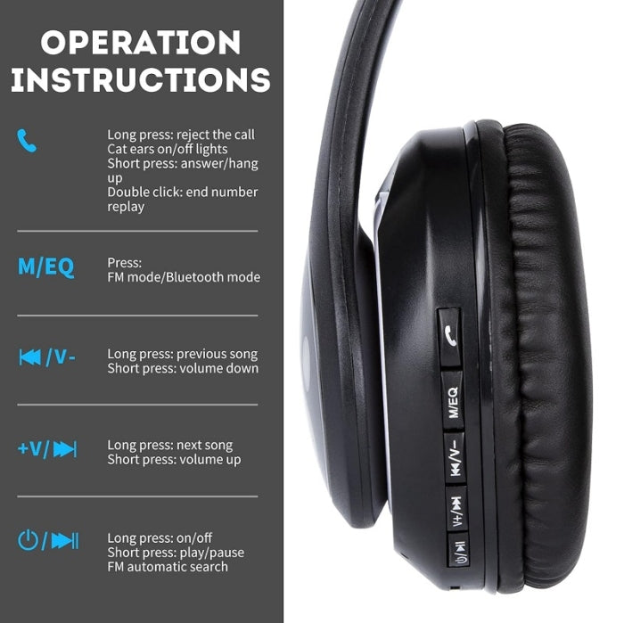 Casque Bluetooth avec oreilles de chat lumineuses RGB - Noir