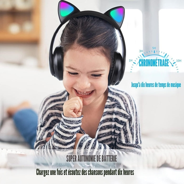 Casque Bluetooth avec oreilles de chat lumineuses RGB - Noir