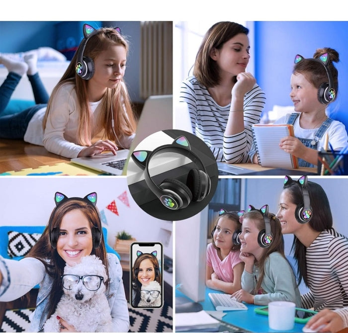 Casque Bluetooth avec oreilles de chat lumineuses RGB - Noir